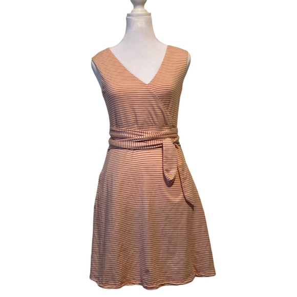 Toad&Co Cue Wrap SL Dress with Pockets, Pink Sand Mini Stripe Size Small - Picture 5 of 10